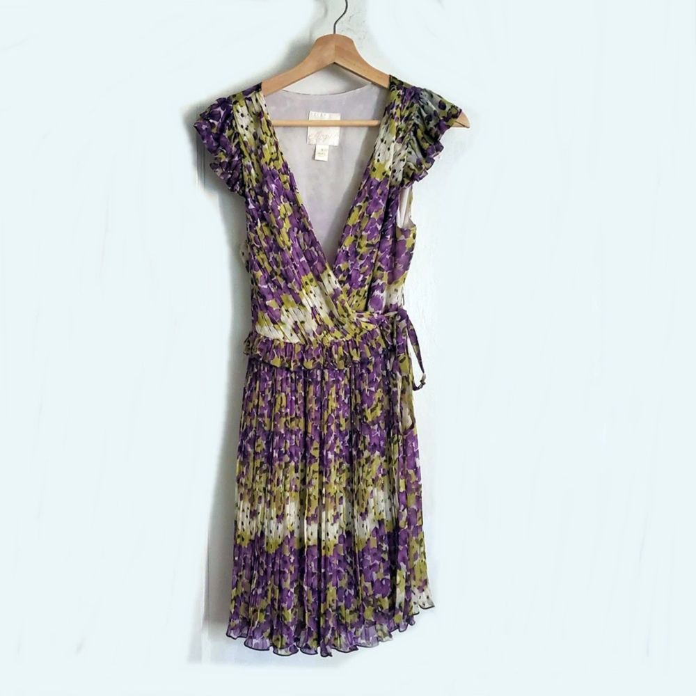 Women's MAGINN Purple Green White Floral Wrap V-Neck Sleeveless Dress Sz 4 EUC